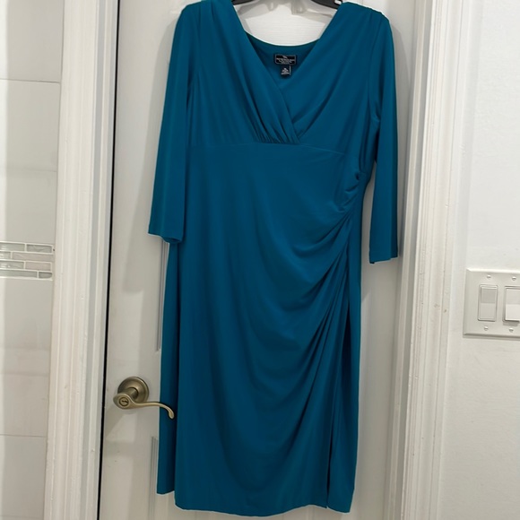Dark teal blue American Living dress size 16 with 3/4 sleeves and slit - Picture 1 of 6